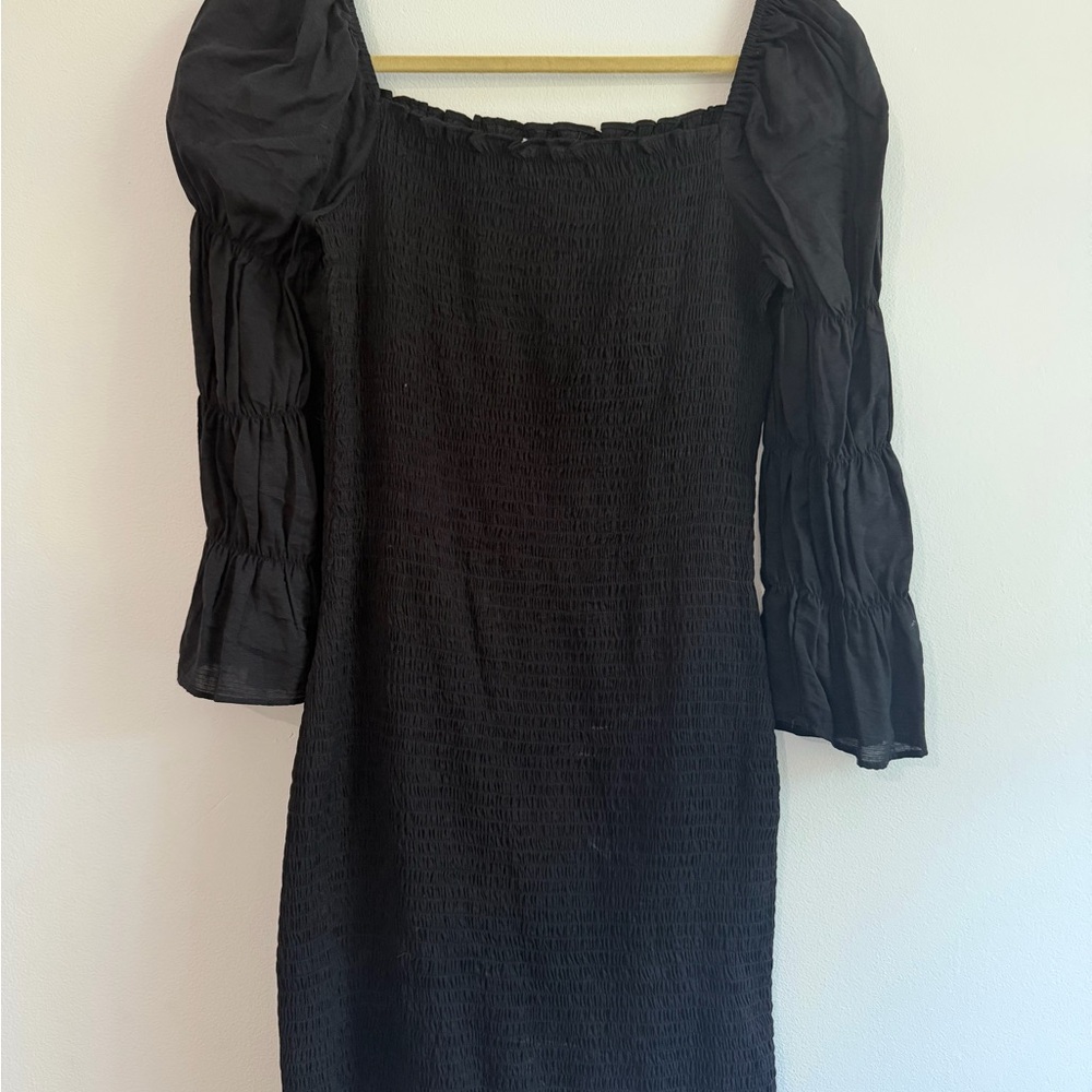 J.O.A. Black Smocked Midi Dress with Puff & Tiered Long Sleeves
